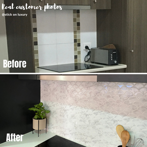 before and after photos of using fish scale tile in kitchen by stick on luxury