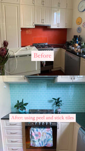 Before & after using minty mint subway peel and stick tiles