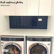 Load image into Gallery viewer, real life customer photo of navy blue subway stick on tiles as laundry splashback

