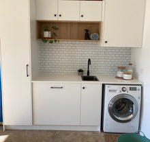 Load image into Gallery viewer, white and grey peel and stick subway tile in a laundry in the garage
