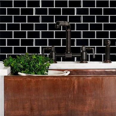Elegant, black, sexy black subway tiles! Best of all, it is self-adhesive, waterproof, heat-resistant and offers flexibility - change style anytime. Super affordable too! Just peel and stick.