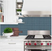 Load image into Gallery viewer, peacock blue peel and stick tile in the kitchen behind gas stovetop. hampton style

