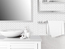 Load image into Gallery viewer, white and grey herringbone peel and stick tile bathroom
