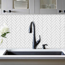 Load image into Gallery viewer, white herringbone mosaic kitchen splashback, stick on tiles
