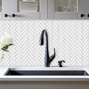 white herringbone mosaic kitchen splashback, stick on tiles