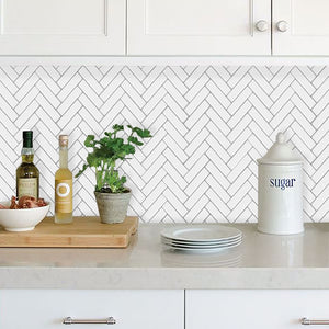 white herringbone mosaic peel and stick tile kitchen splashback