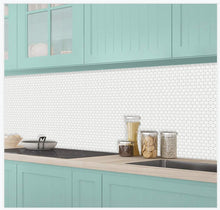 Load image into Gallery viewer, pearly white penny round peel and stick tiles in the kitchen behind the stovetop
