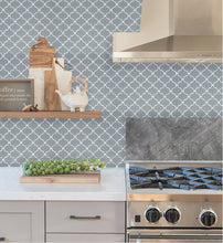 Load image into Gallery viewer, steel grey lantern peel and stick tiles as kitchen splashback behind gas stove
