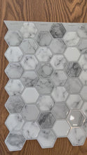 Load and play video in Gallery viewer, Marble hexagon peel and stick tile in real life
