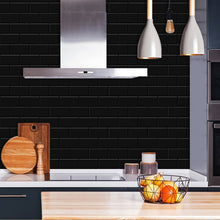 Load image into Gallery viewer, black peel and stick tiles with black grout in australia as kitchen splashback
