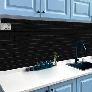 black self adhesive tile with black grout in kitchen as backsplash