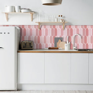fairy floss pink ice cream tile as splashback in caravan kitchen in australia