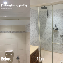 Load image into Gallery viewer, before and after using fish scale tile by stick on luxury in the shower
