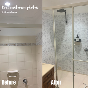 before and after using fish scale tile by stick on luxury in the shower