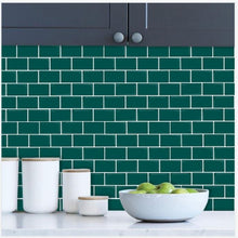 Load image into Gallery viewer, forest green subway peel and stick tile in the kitchen
