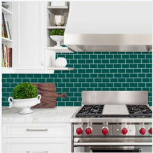 Load image into Gallery viewer, forest green subway self adhesive splashback in an all white kitchen
