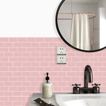 Load image into Gallery viewer, pink subway peel and stick tiles as splashback in the bathroom
