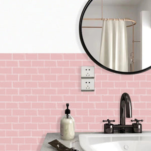 pink subway peel and stick tiles as splashback in the bathroom