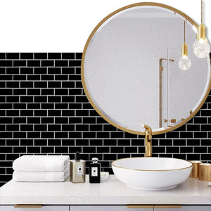 black stick on tile with white grout as bathroom splashback in australia