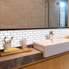 Load image into Gallery viewer, peel and stick white and grey subway tiles over ugly tiles in the bathroom in australia
