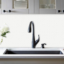 Load image into Gallery viewer, white penny round peel and stick tile behind the tap in the kitchen in Australia
